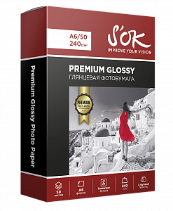 Набор фотобумаги Premium S'OK глянцевая, формат А6, плотность 240г/м2, 100 листов