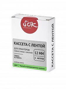 Кассета с лентой S'OK by Sakura Printing TZED31 для Brother,  черный на зеленом, 12мм/8м , наклейка