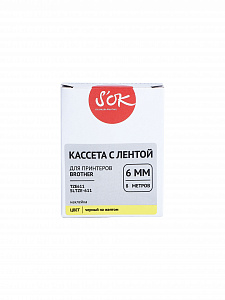 Кассета с лентой S'OK by Sakura Printing TZE611 для Brother, черный на желтом, 6мм/8м, наклейка